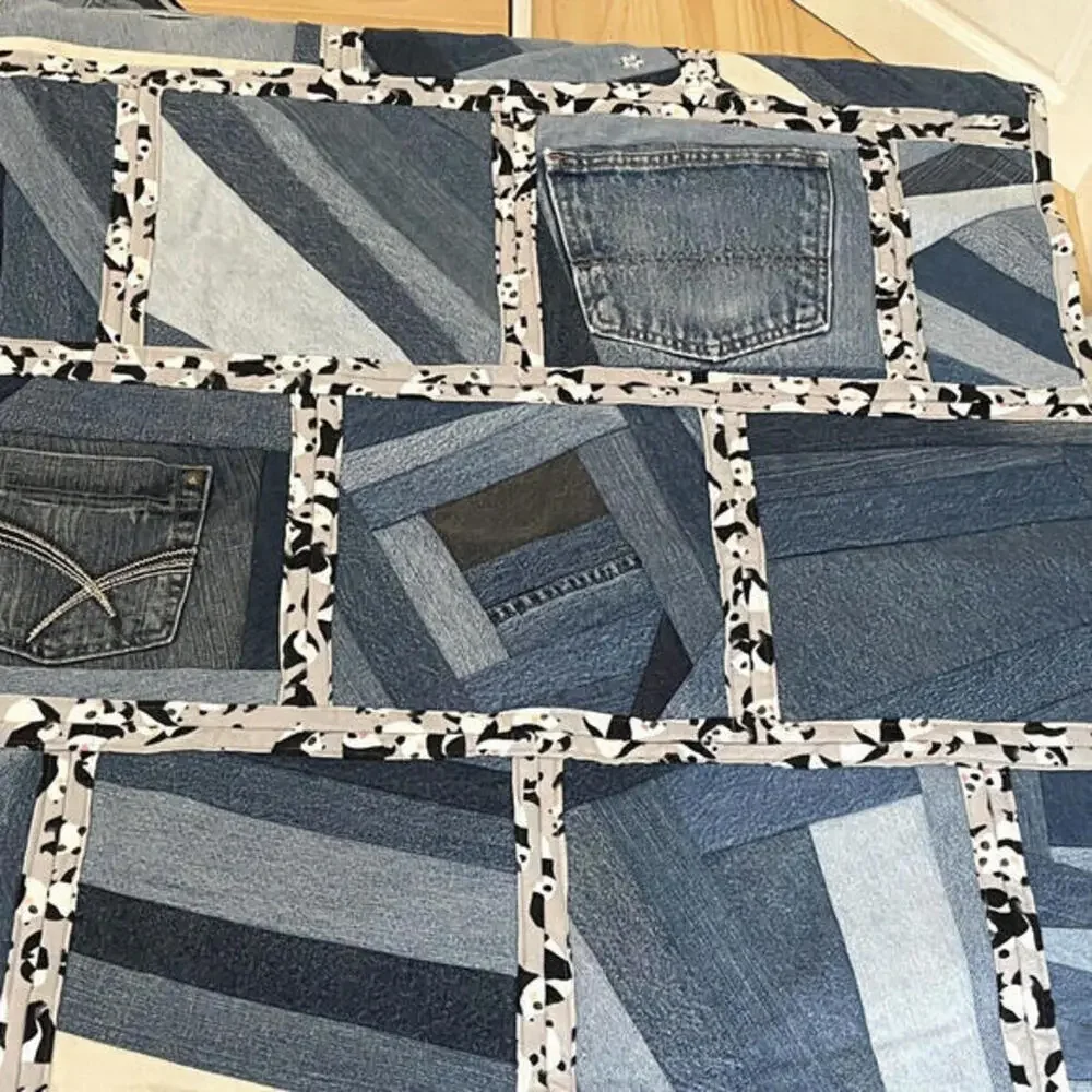 Handmade Denim‎ Quilt Panda Print Flannel on Reverse Heavy Blanket 46 x 42